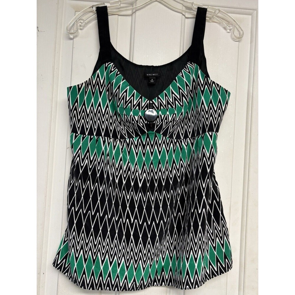 Nine West 100% Silk Babydoll Kelly Green & Black Womens Top Strappy Art Side Zip
